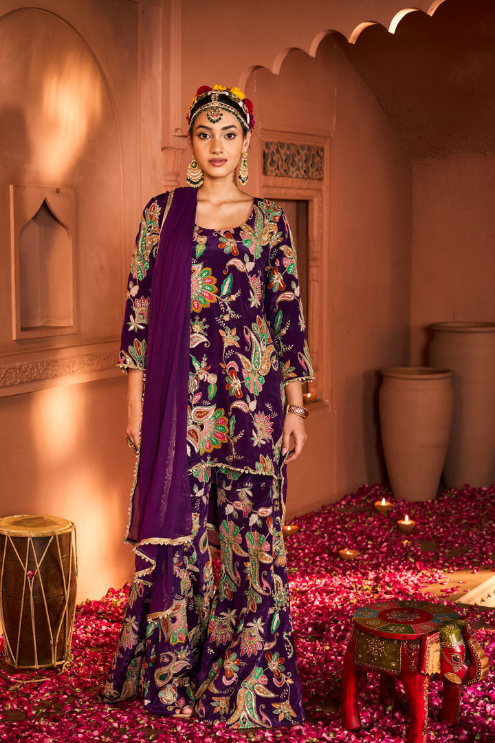 Elizey Paisley Embroidered Sharara Set with Chunni - Purple