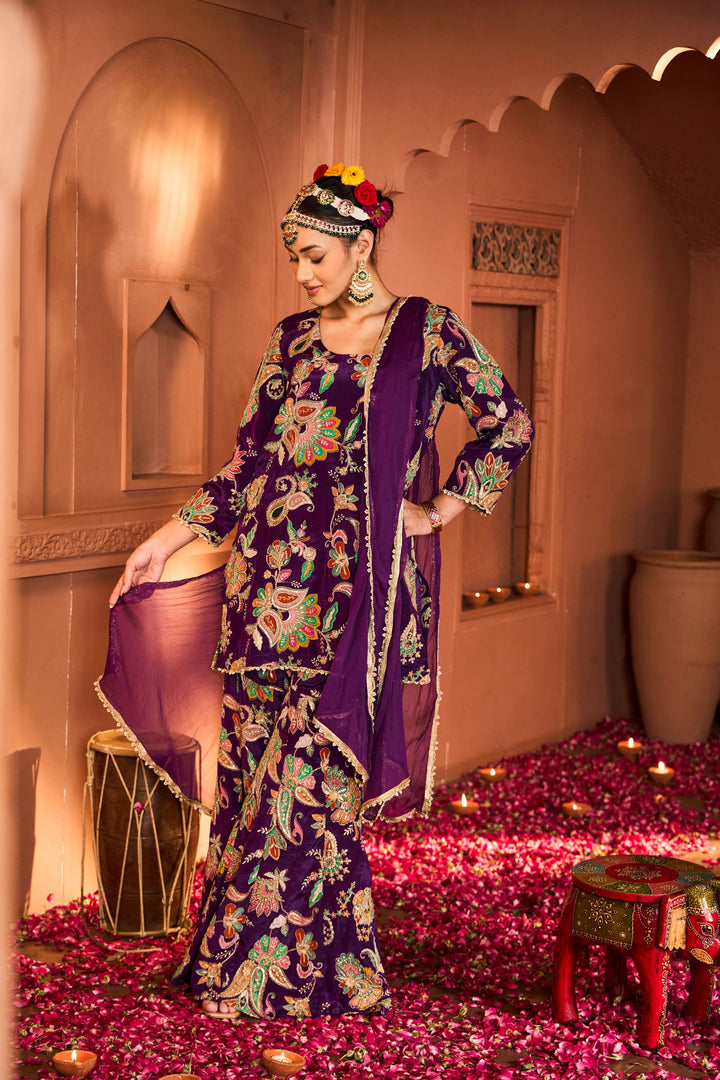 Elizey Paisley Embroidered Sharara Set with Chunni - Purple