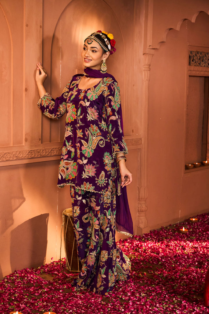 Elizey Paisley Embroidered Sharara Set with Chunni - Purple