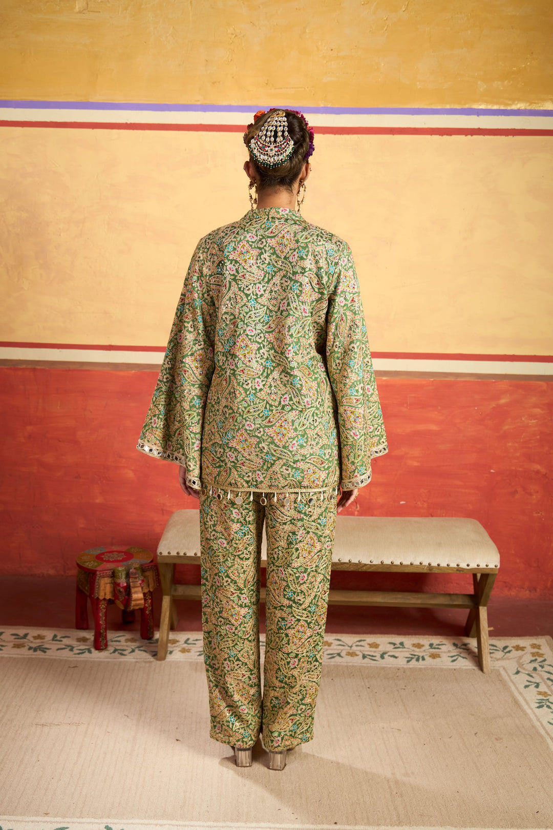 Elizey Paisley Embroidered Cape Jacket Set - Mehendi Green