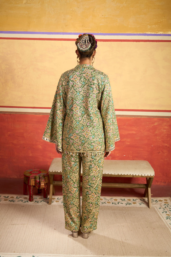 Elizey Paisley Embroidered Cape Jacket Set - Mehendi Green