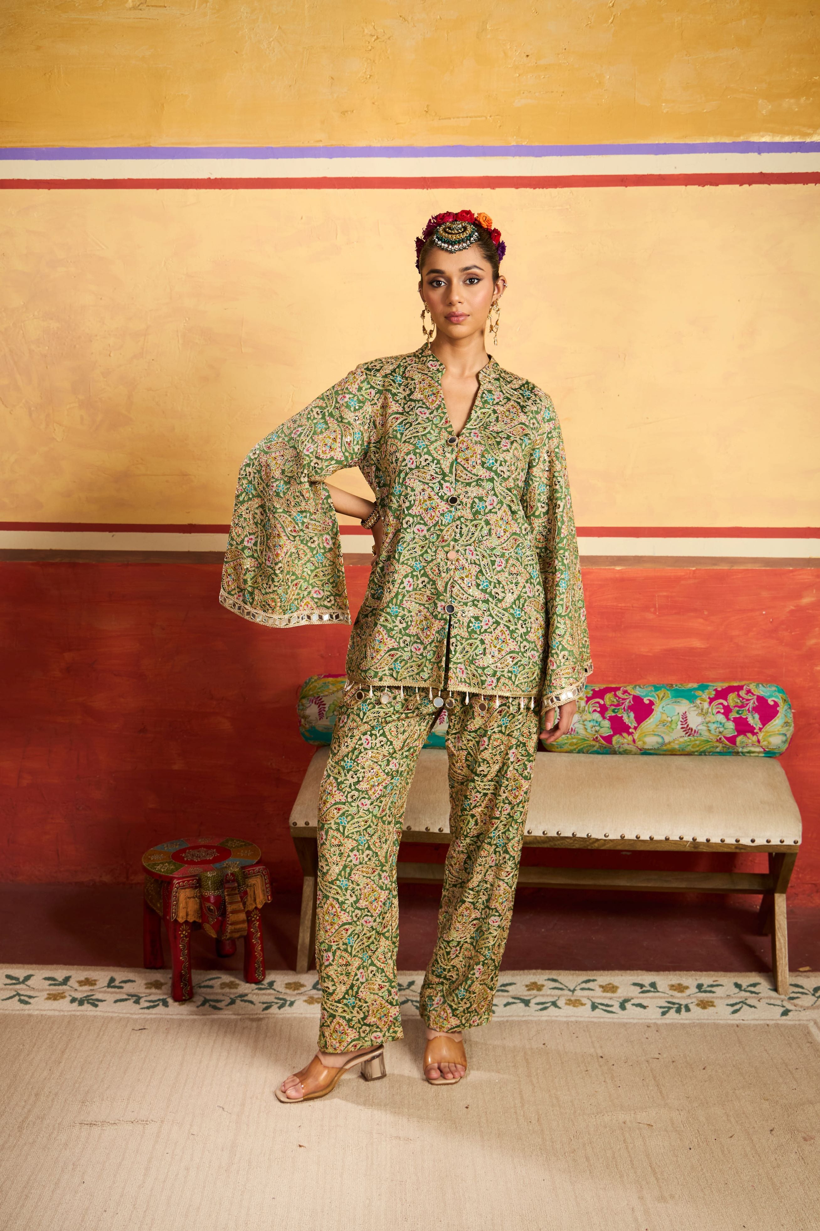 Elizey Paisley Embroidered Cape Jacket Set - Mehendi Green