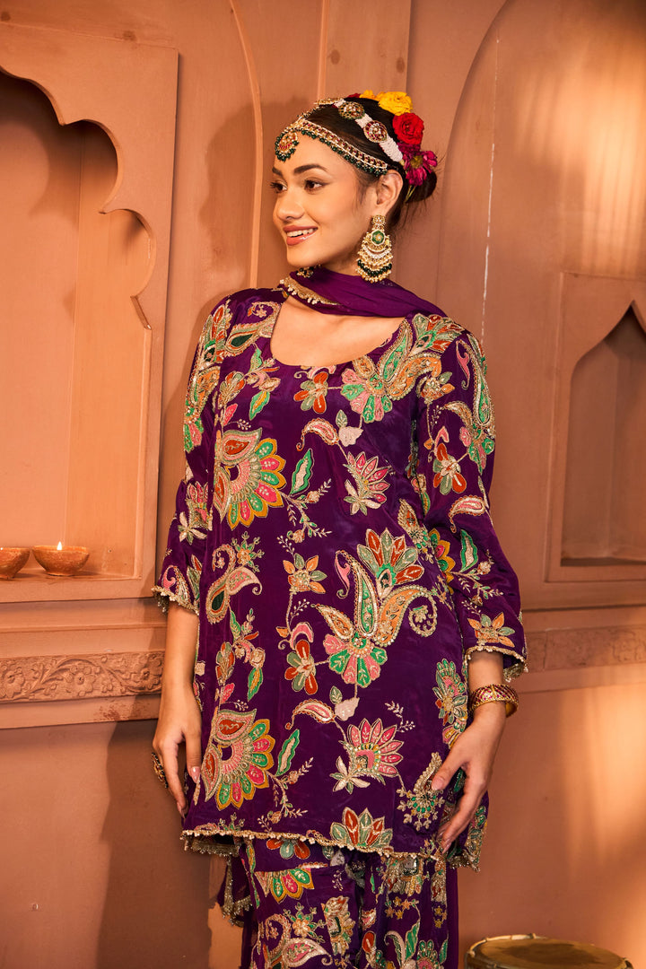 Elizey Paisley Embroidered Sharara Set with Chunni - Purple