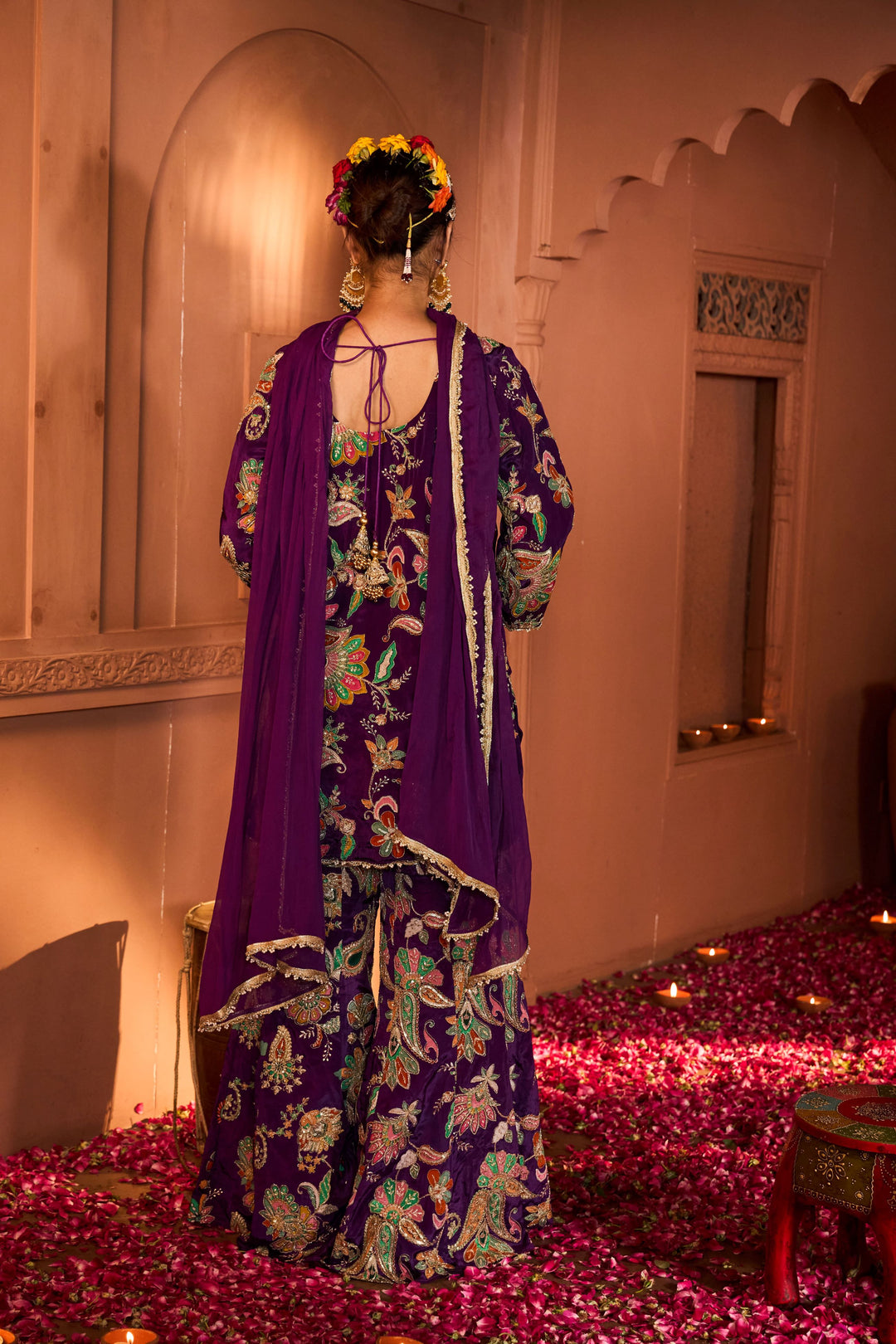 Elizey Paisley Embroidered Sharara Set with Chunni - Purple