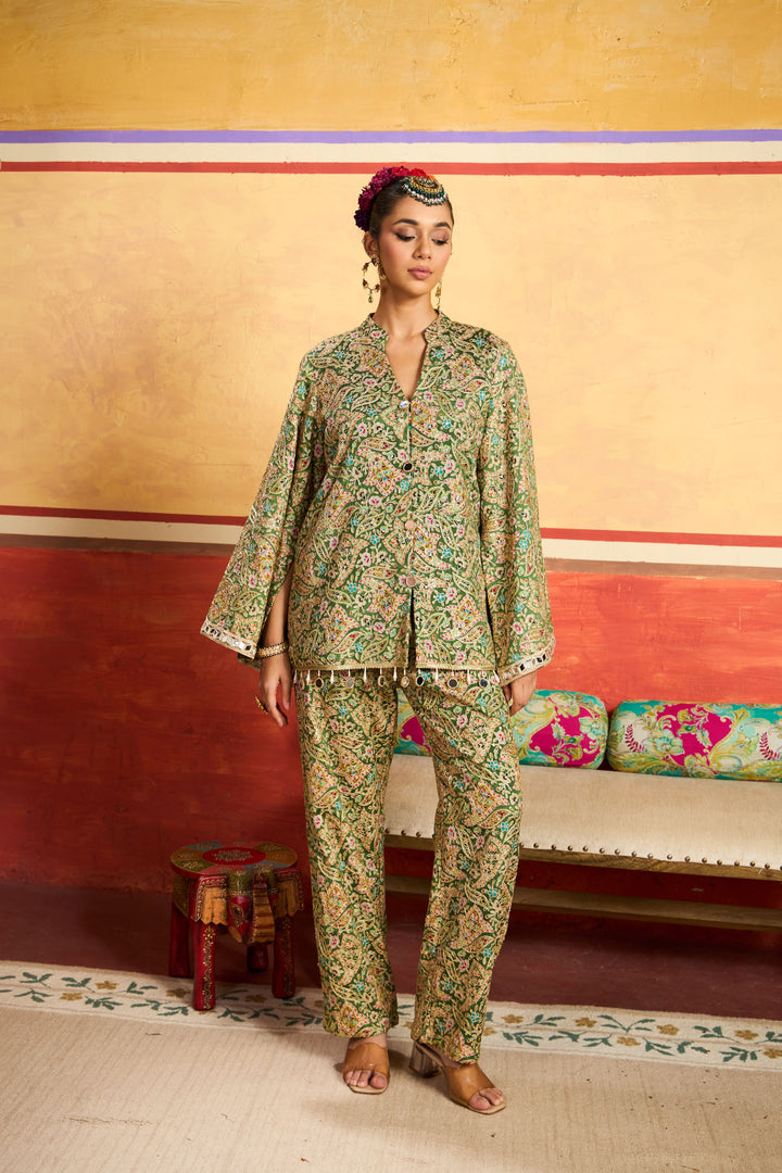 Elizey Paisley Embroidered Cape Jacket Set - Mehendi Green