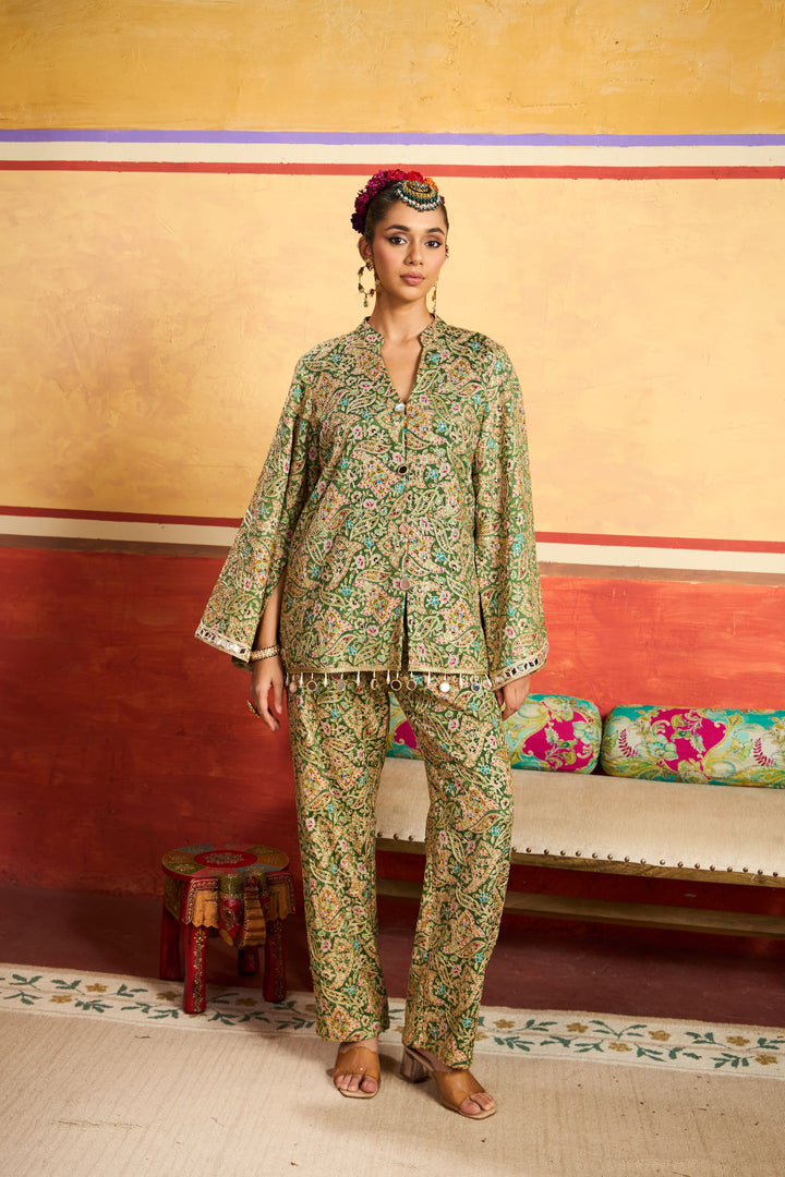 Elizey Paisley Embroidered Cape Jacket Set - Mehendi Green