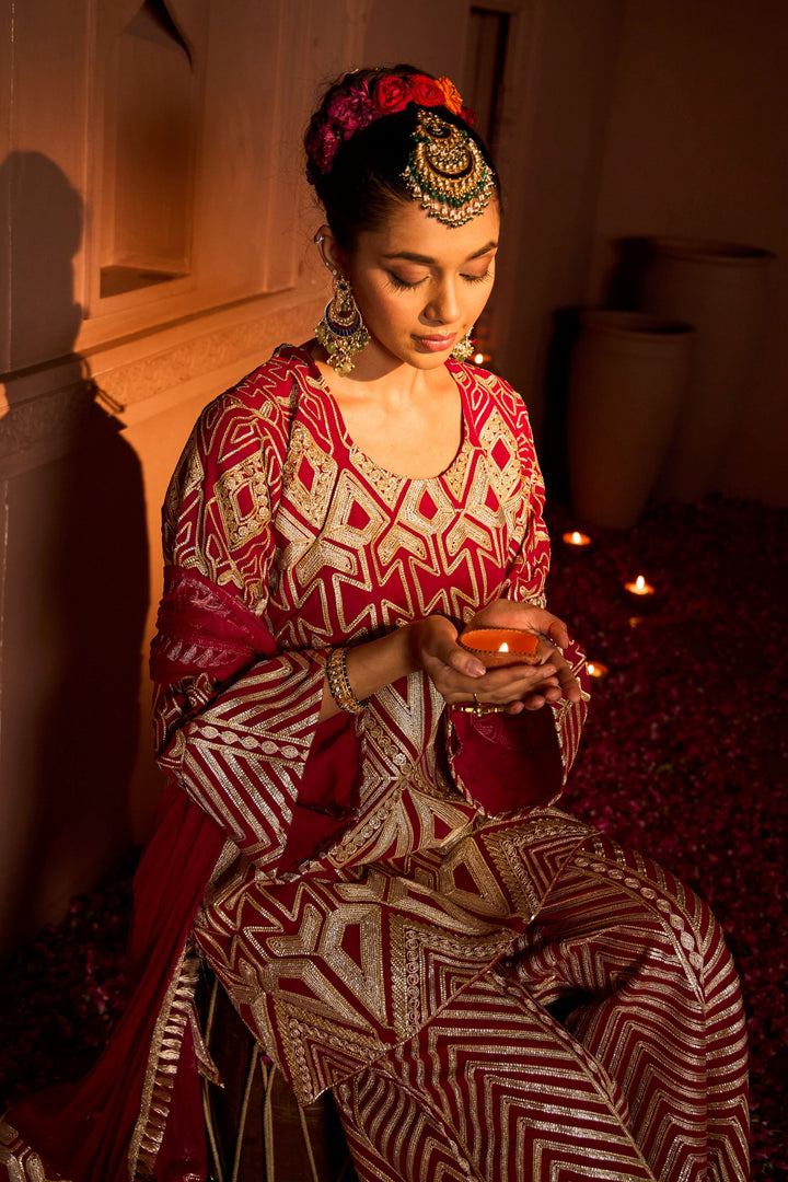 Gulnaaz Gota Sharara Set - Red