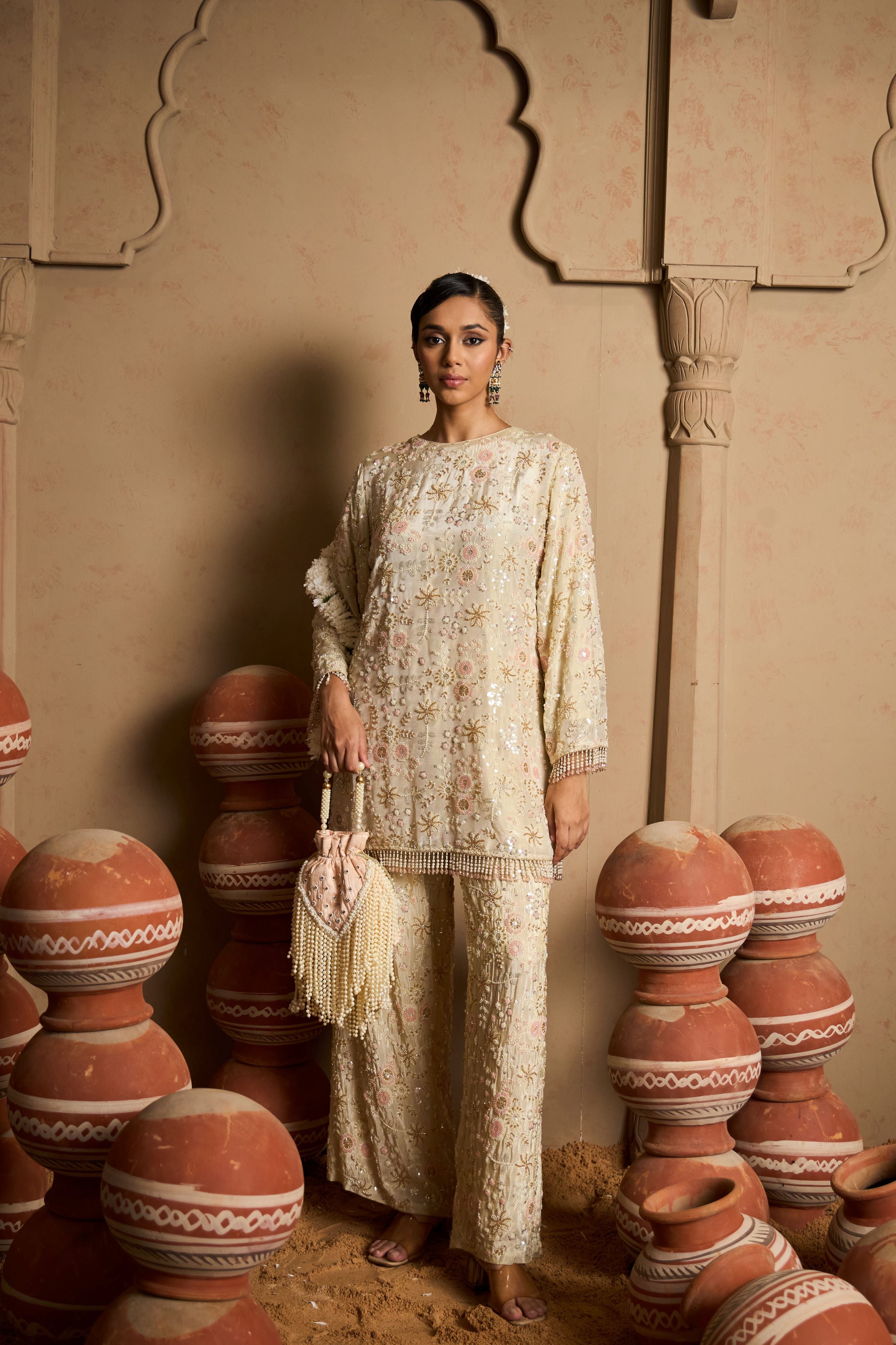 Inaayat Embroidered Tunic Set - Cream & Pink