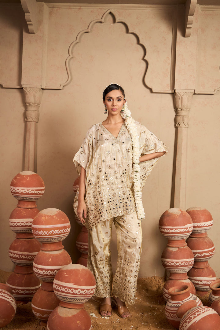 Aaina Adaa Mirror Work Kaftan Set - Ivory