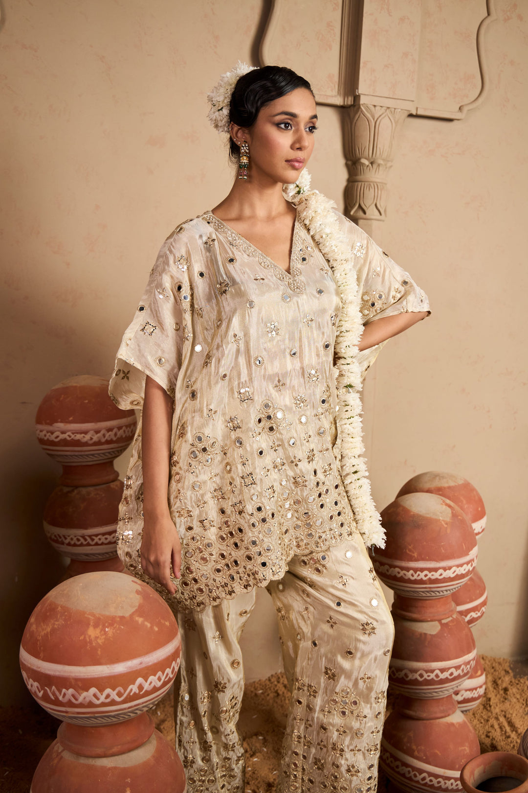 Aaina Adaa Mirror Work Kaftan Set - Ivory