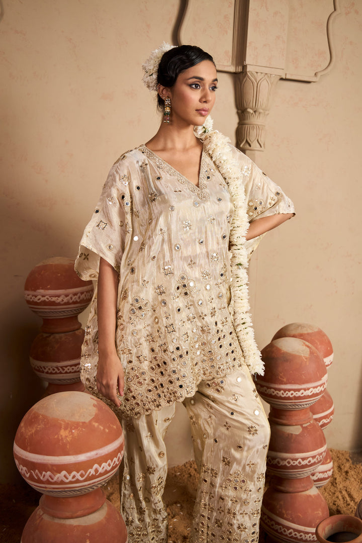 Aaina Adaa Mirror Work Kaftan Set - Ivory