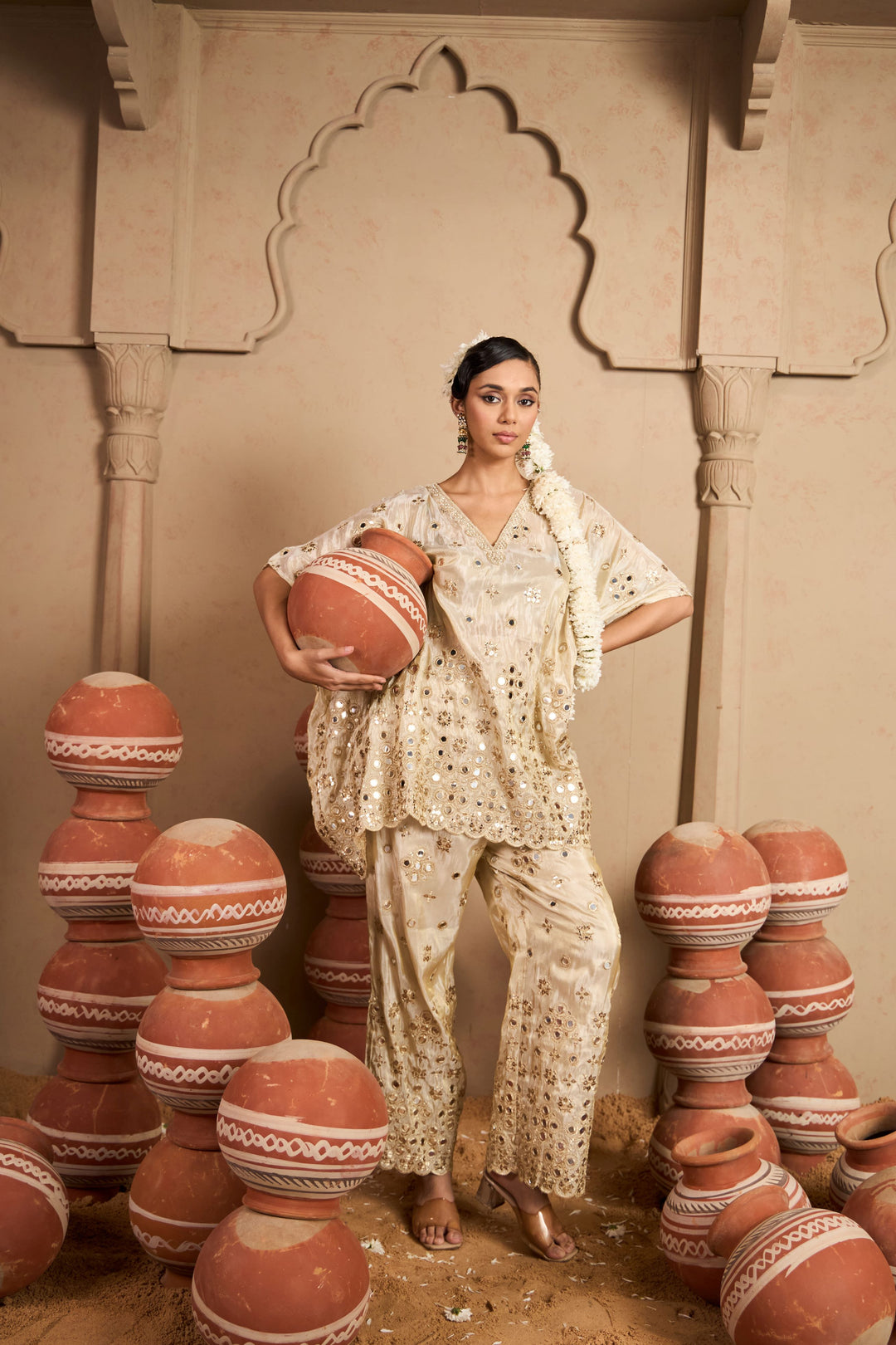 Aaina Adaa Mirror Work Kaftan Set - Ivory