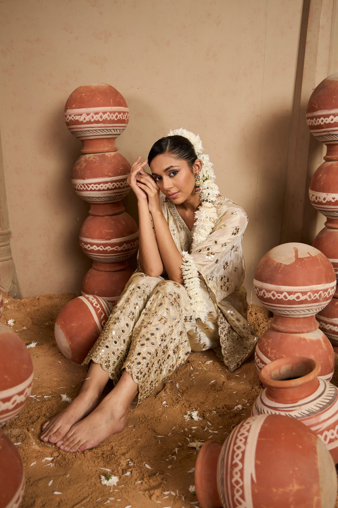 Aaina Adaa Mirror Work Kaftan Set - Ivory