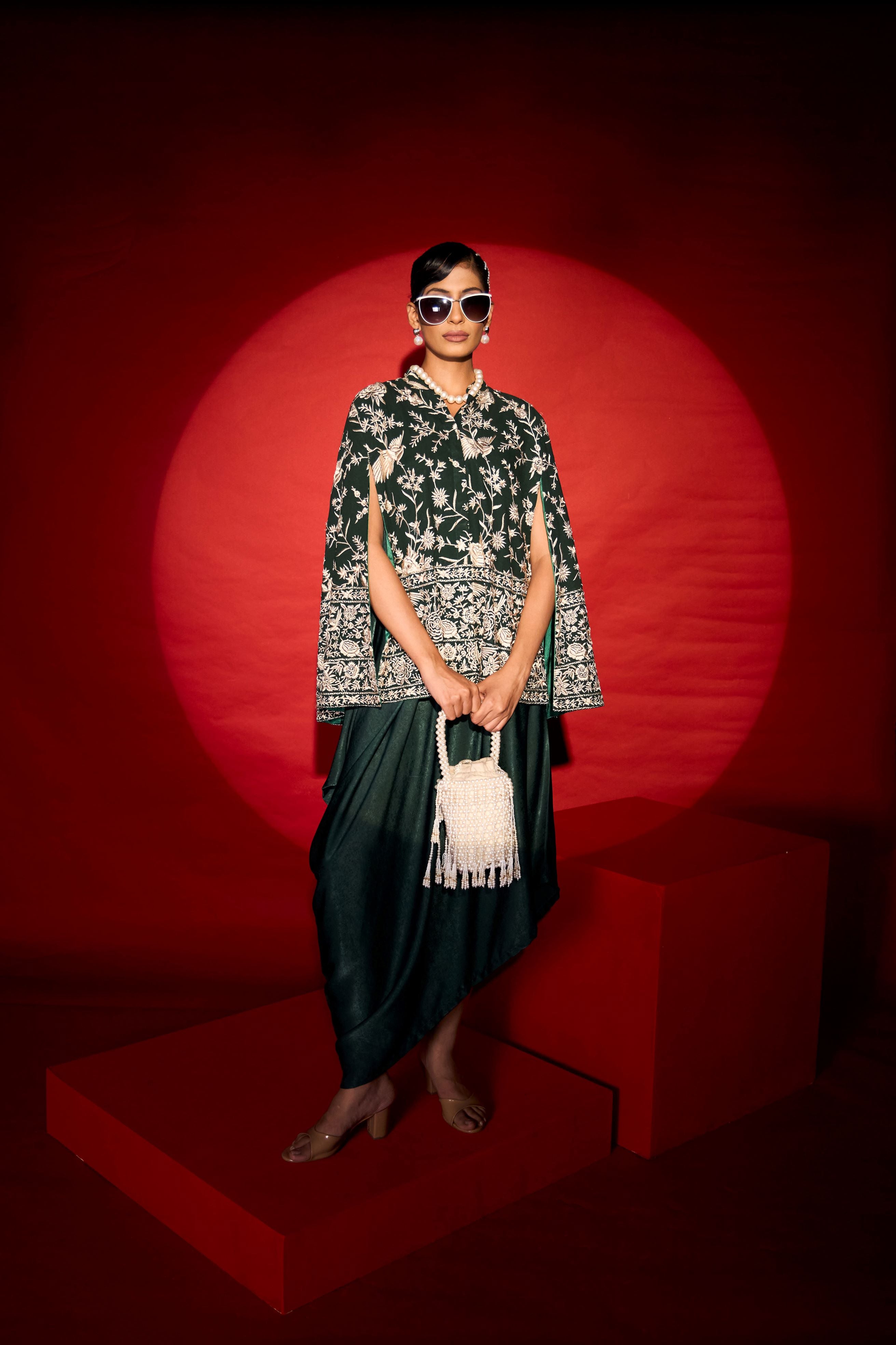 Reyna Gara Glazed Cape Jacket With Slip Easy Dress- Green