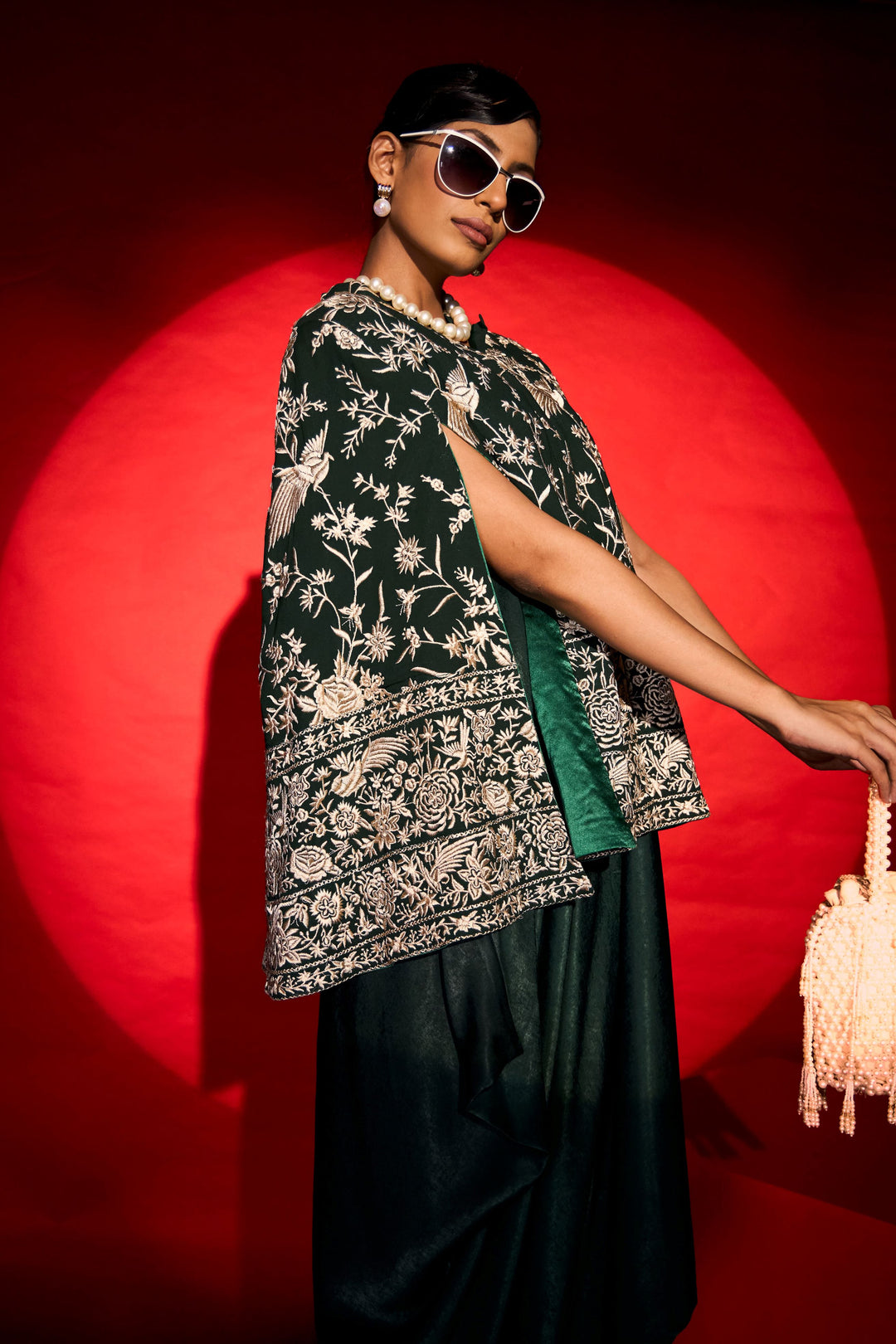 Reyna Gara Glazed Cape Jacket With Slip Easy Dress- Green