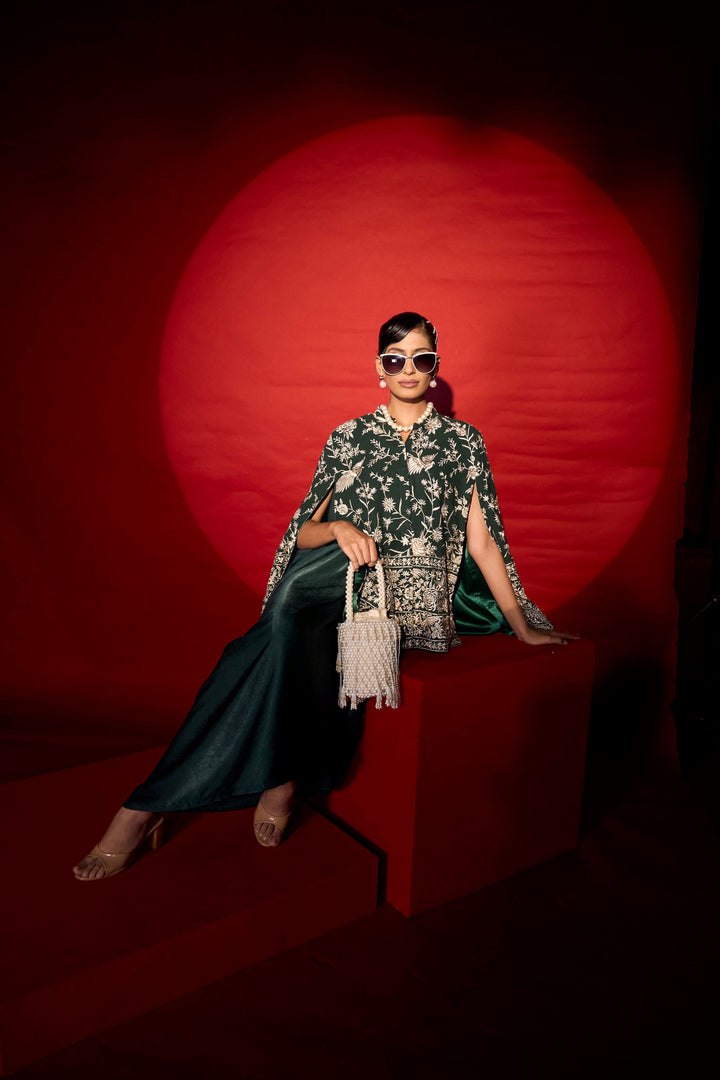 Reyna Gara Glazed Cape Jacket With Slip Easy Dress- Green