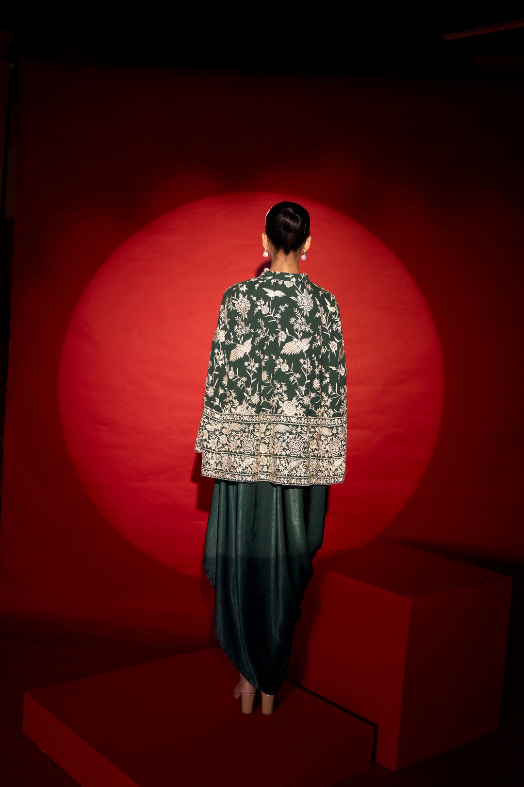 Reyna Gara Glazed Cape Jacket With Slip Easy Dress- Green