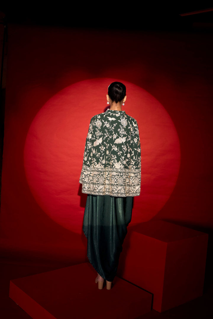 Reyna Gara Glazed Cape Jacket With Slip Easy Dress- Green