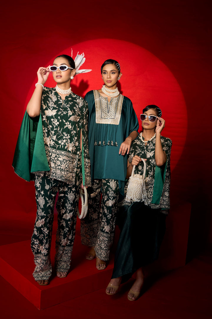 Reyna Gara Glazed Cape Jacket With Slip Easy Dress- Green