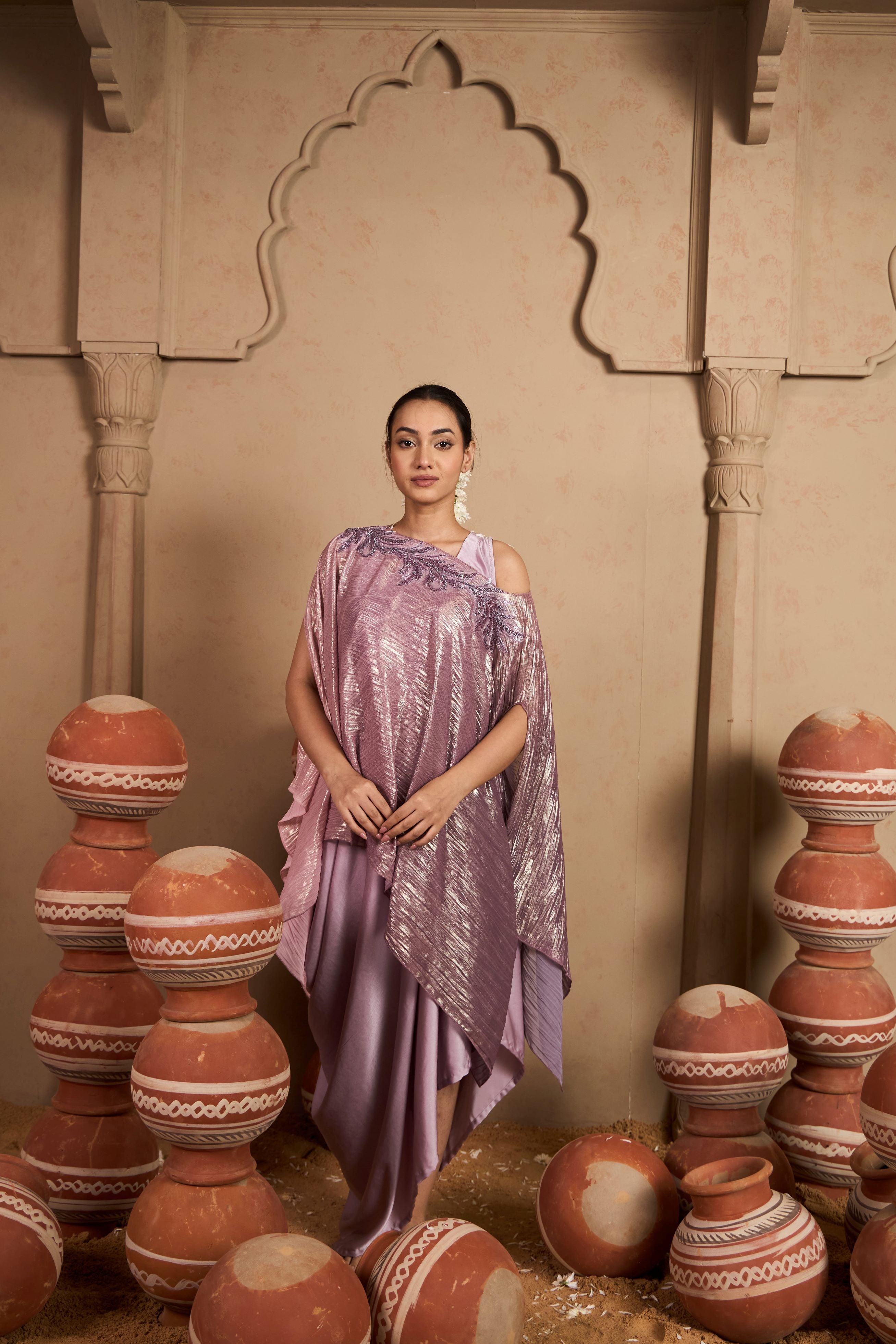 Slip Easy Dress with Metallic Cape - Pink