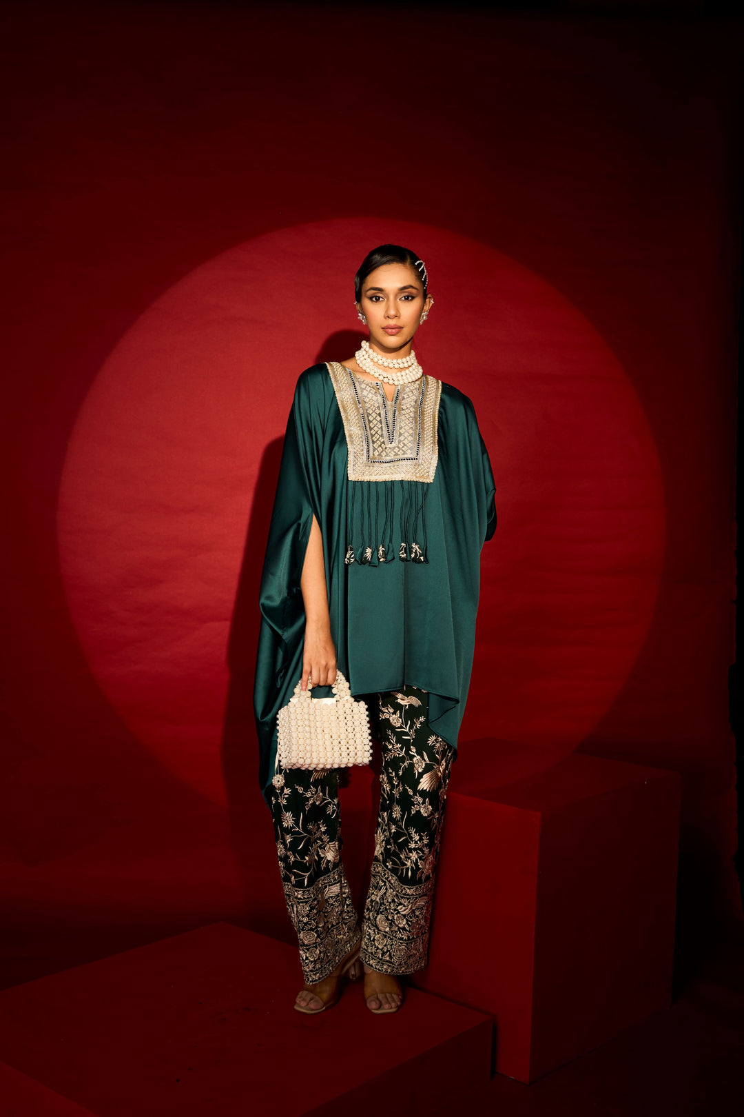 Reyna Gara Glazed Kaia Kaftan Top with Pants - Green