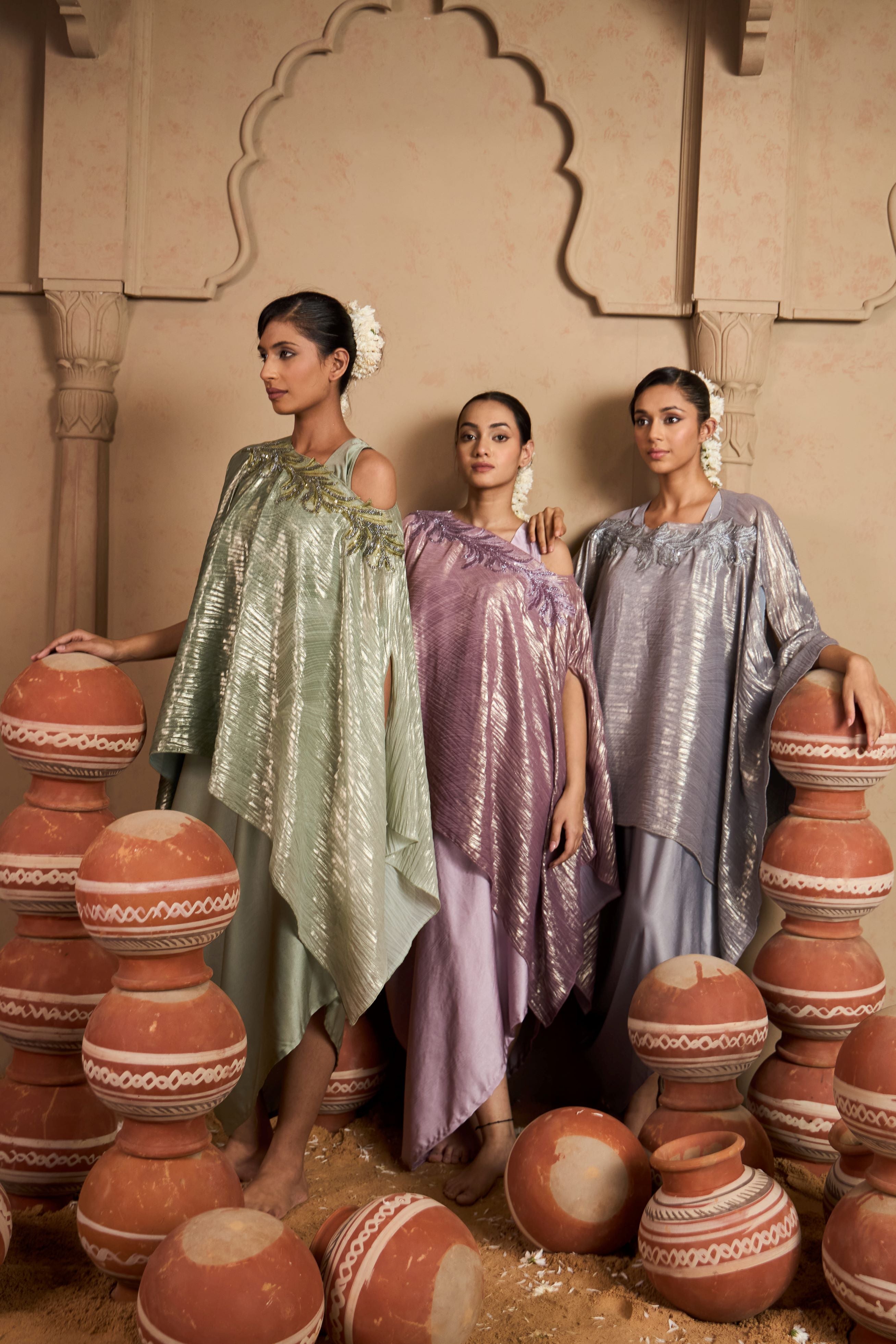 Slip Easy Dress with Metallic Cape - Sage Green