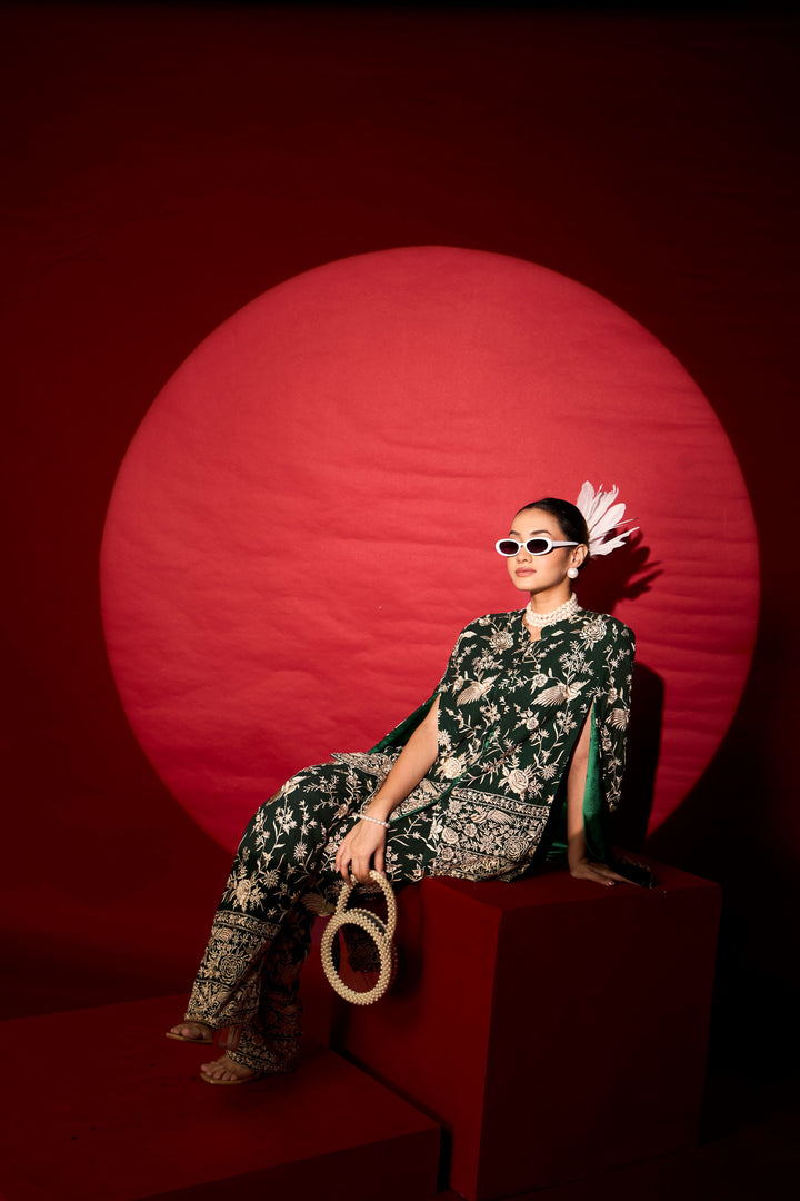 Reyna Gara Glazed Cape Jacket With Coordinated Pants- Green