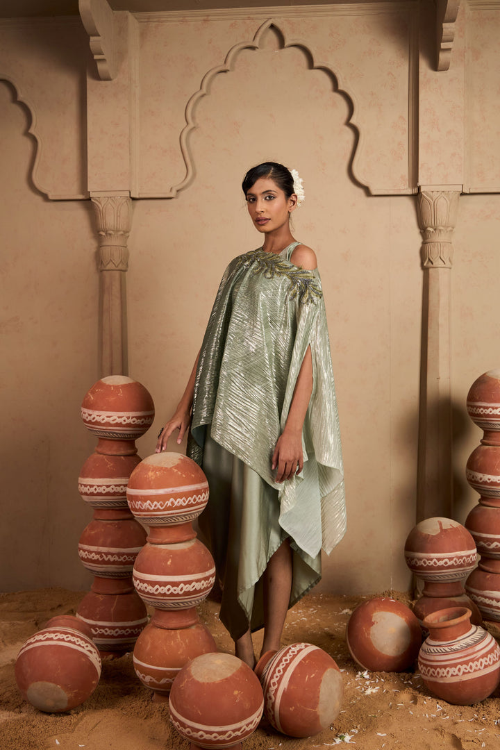 Slip Easy Dress with Metallic Cape - Sage Green