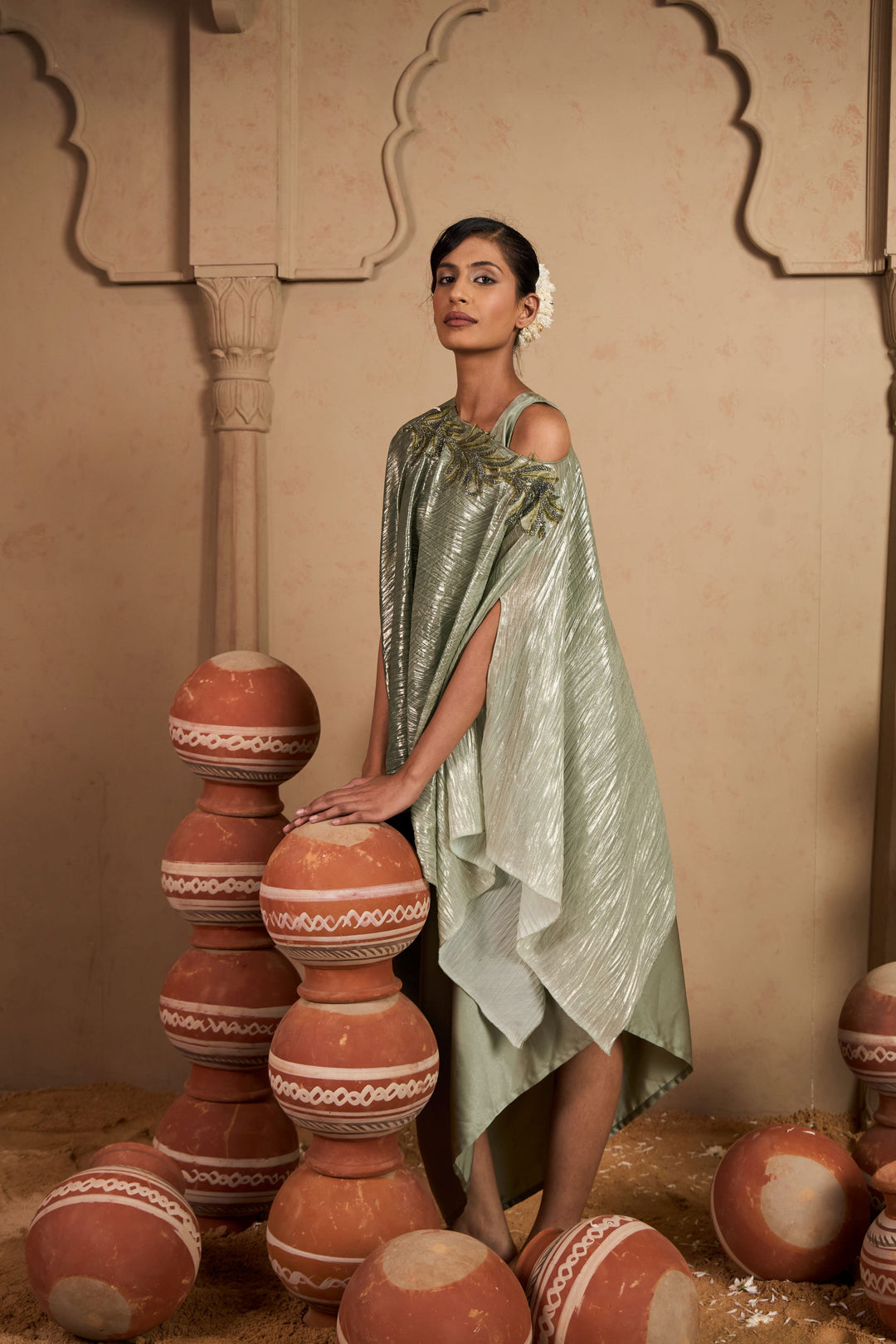 Slip Easy Dress with Metallic Cape - Sage Green