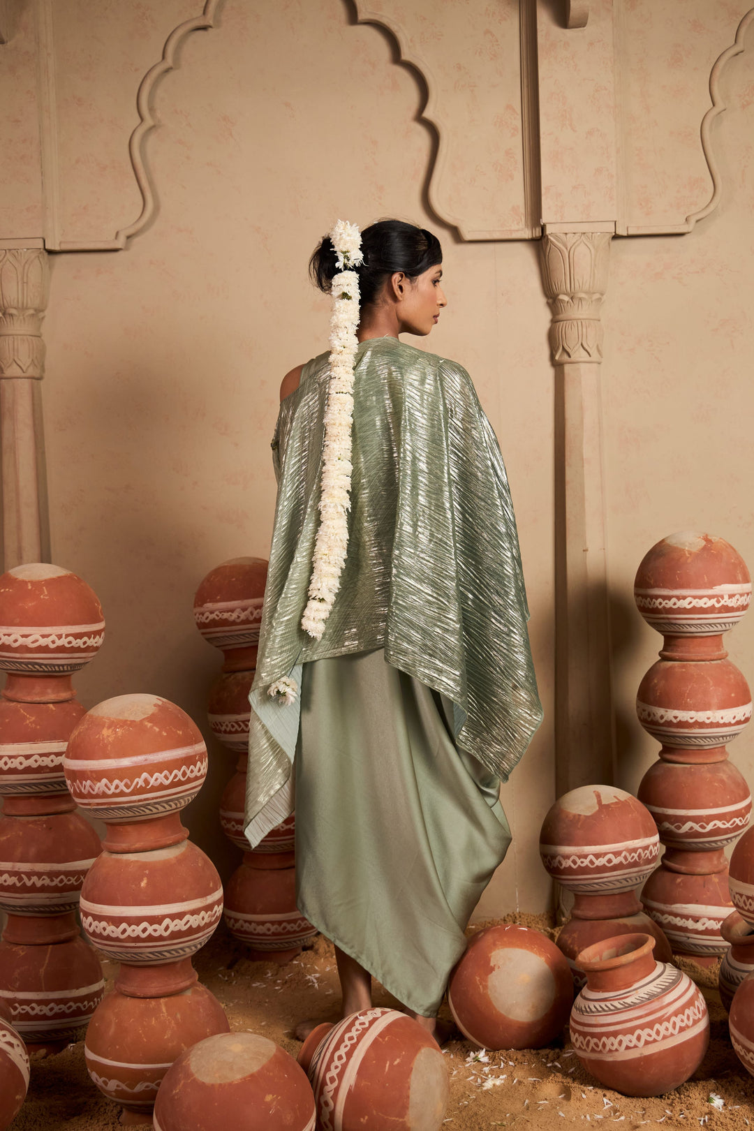 Slip Easy Dress with Metallic Cape - Sage Green