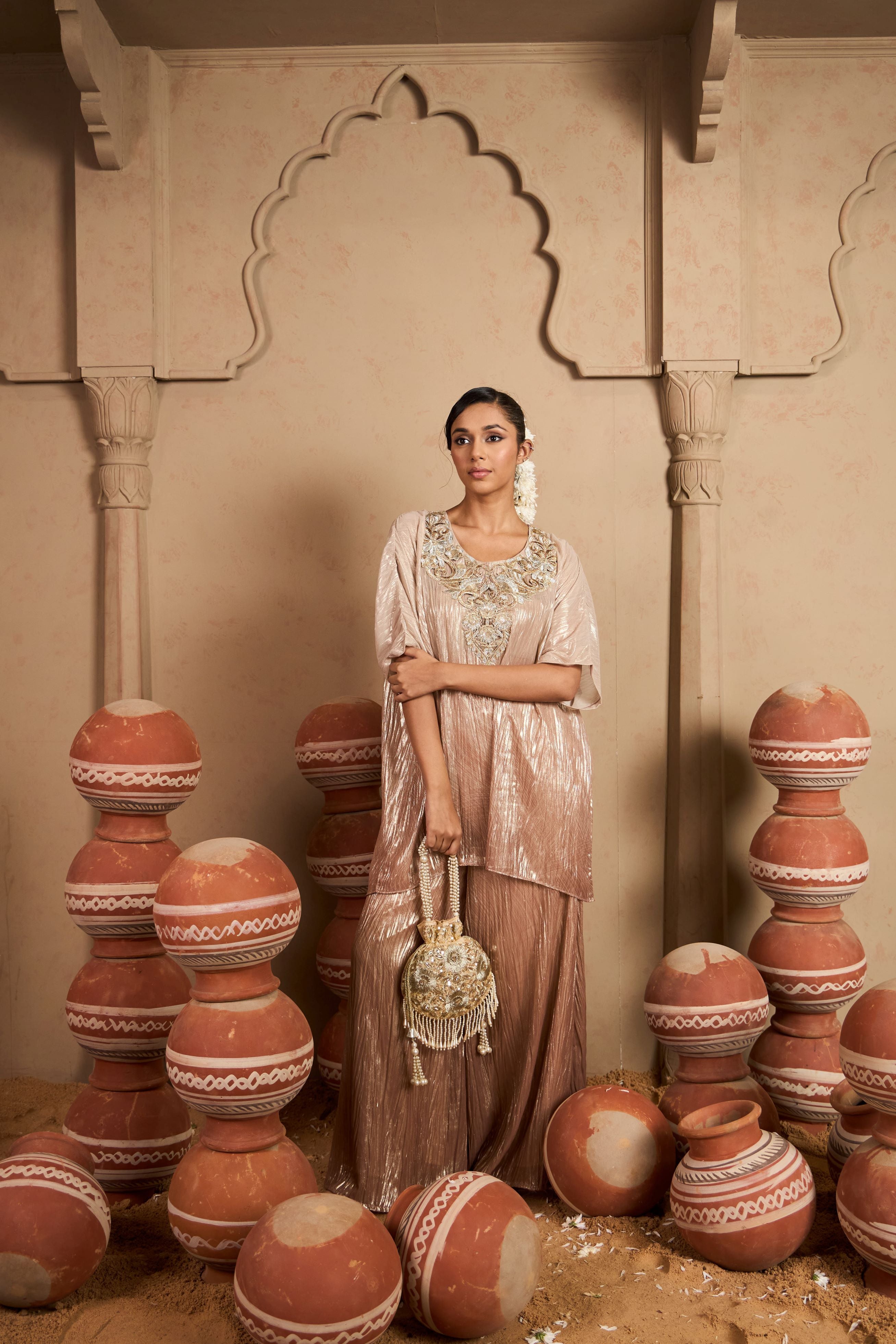 Tissue Embroidered Kaftan Set- Blush Silver