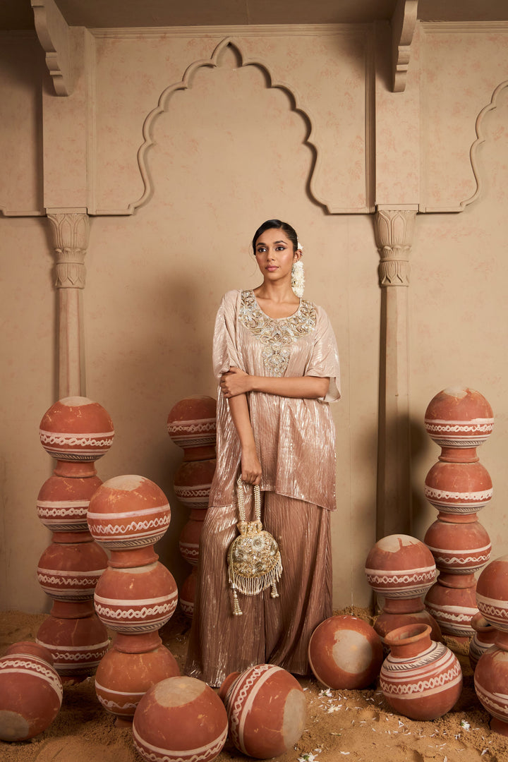 Tissue Embroidered Kaftan Set- Blush Silver