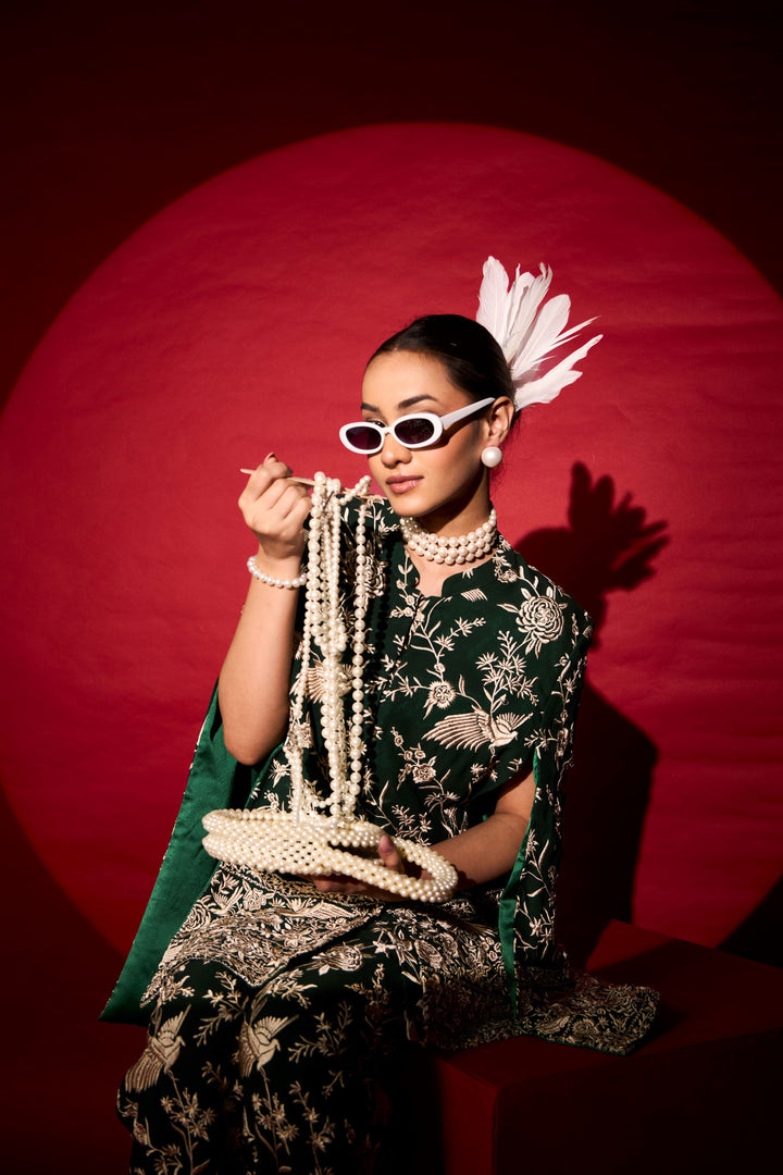 Reyna Gara Glazed Cape Jacket With Coordinated Pants- Green