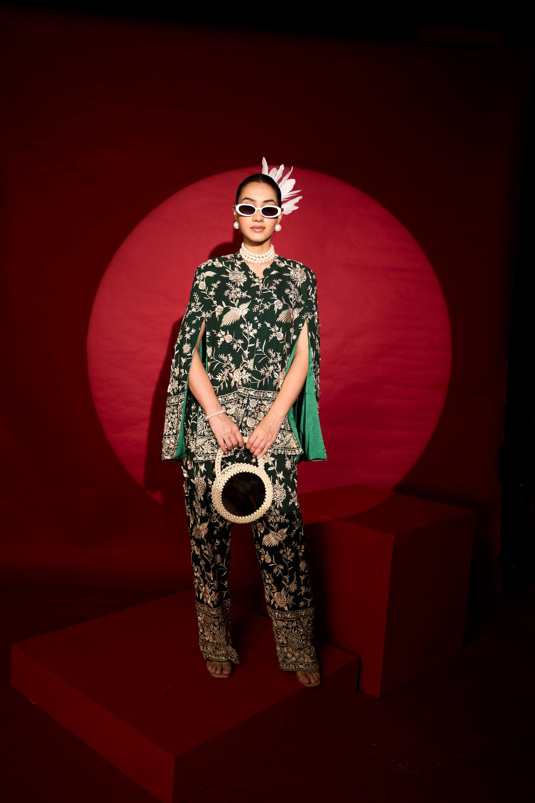 Reyna Gara Glazed Cape Jacket With Coordinated Pants- Green