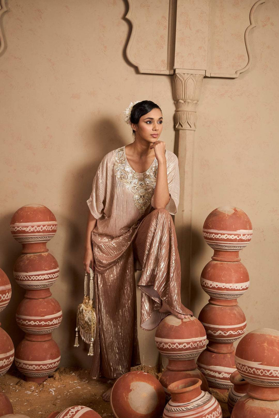 Tissue Embroidered Kaftan Set- Blush Silver