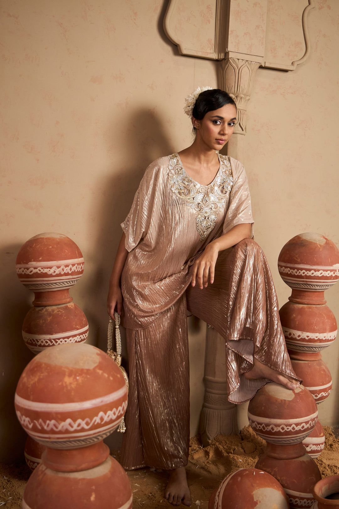 Tissue Embroidered Kaftan Set- Blush Silver