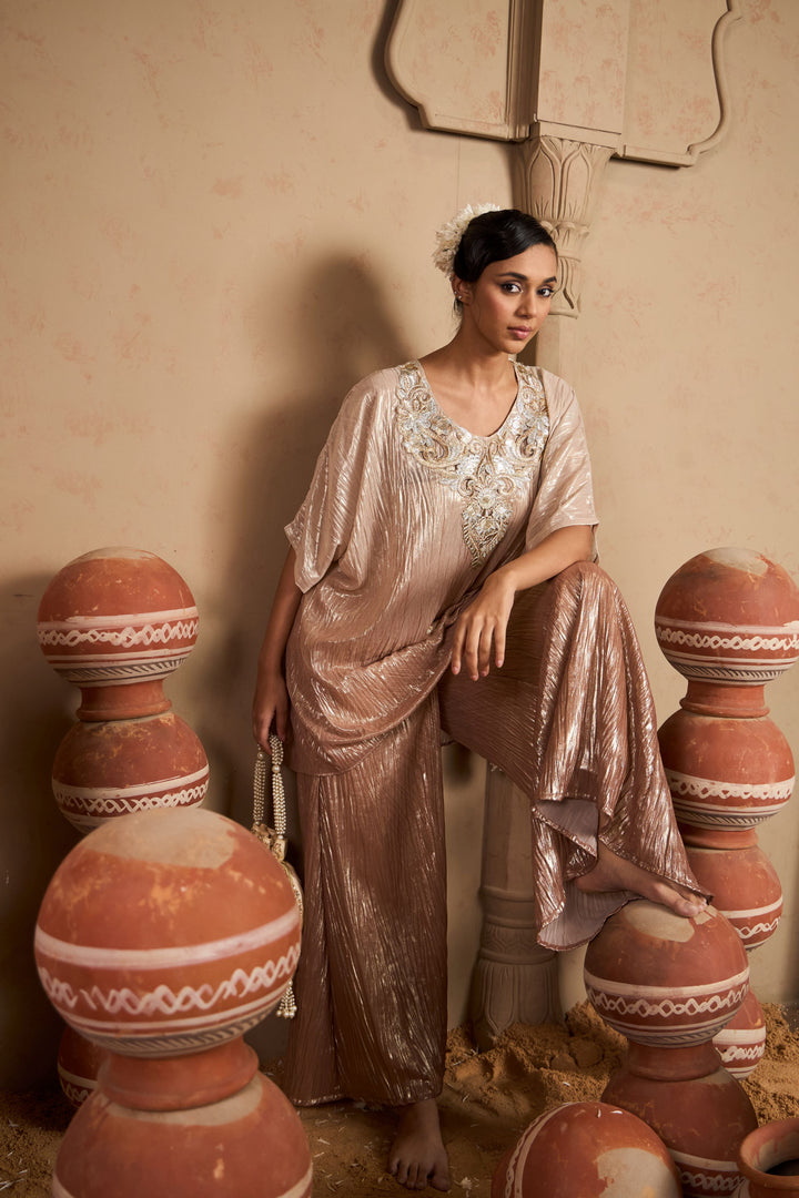 Tissue Embroidered Kaftan Set- Blush Silver