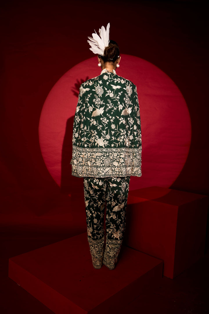 Reyna Gara Glazed Cape Jacket With Coordinated Pants- Green