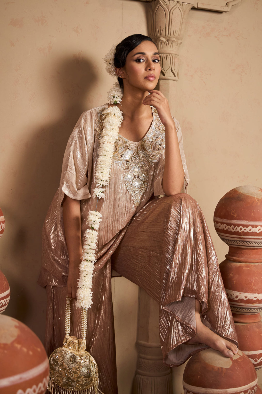 Tissue Embroidered Kaftan Set- Blush Silver