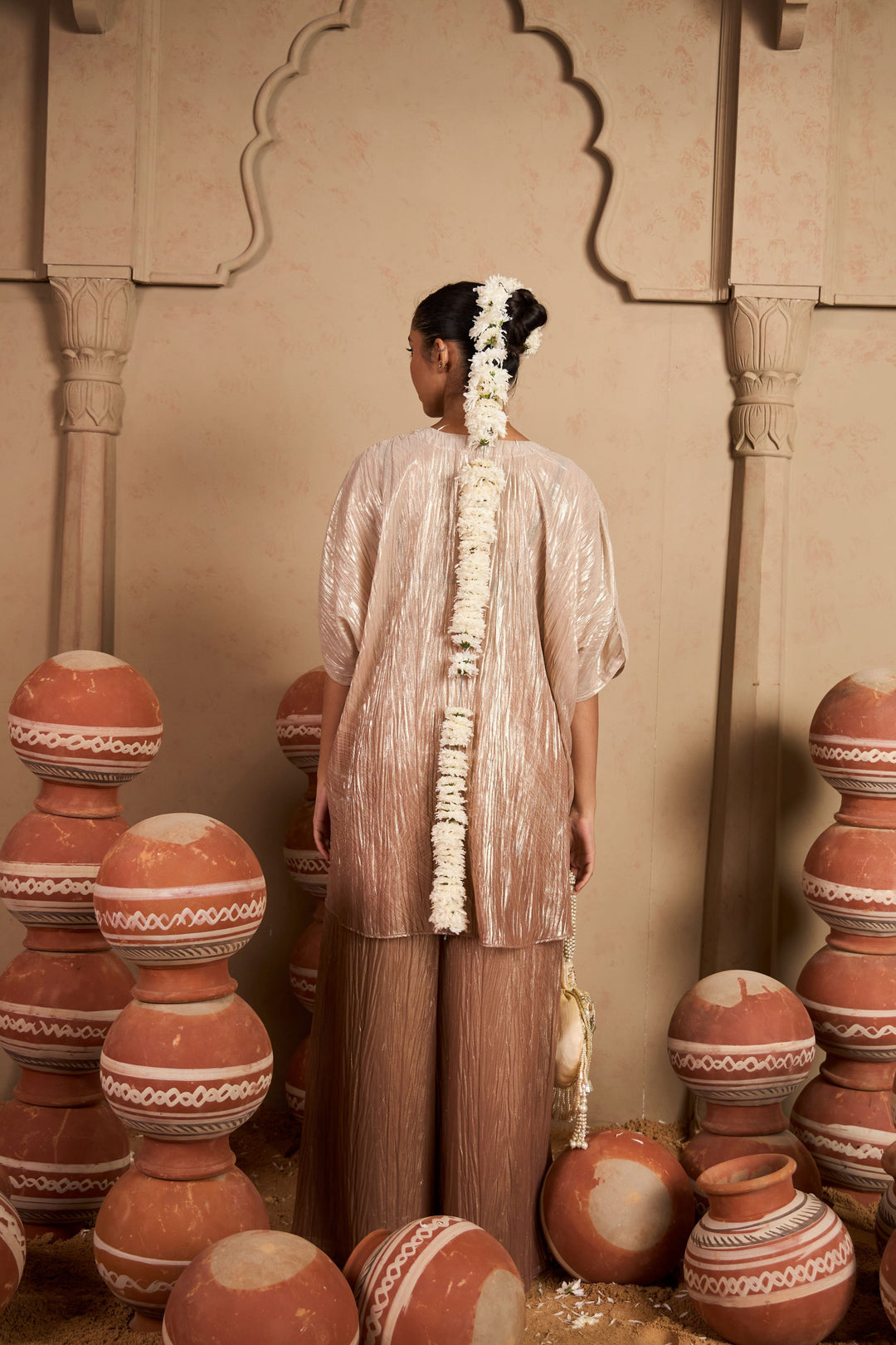 Tissue Embroidered Kaftan Set- Blush Silver