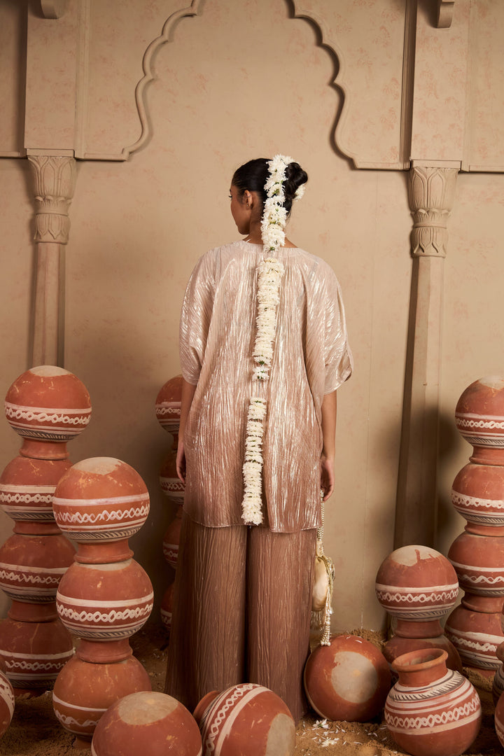 Tissue Embroidered Kaftan Set- Blush Silver