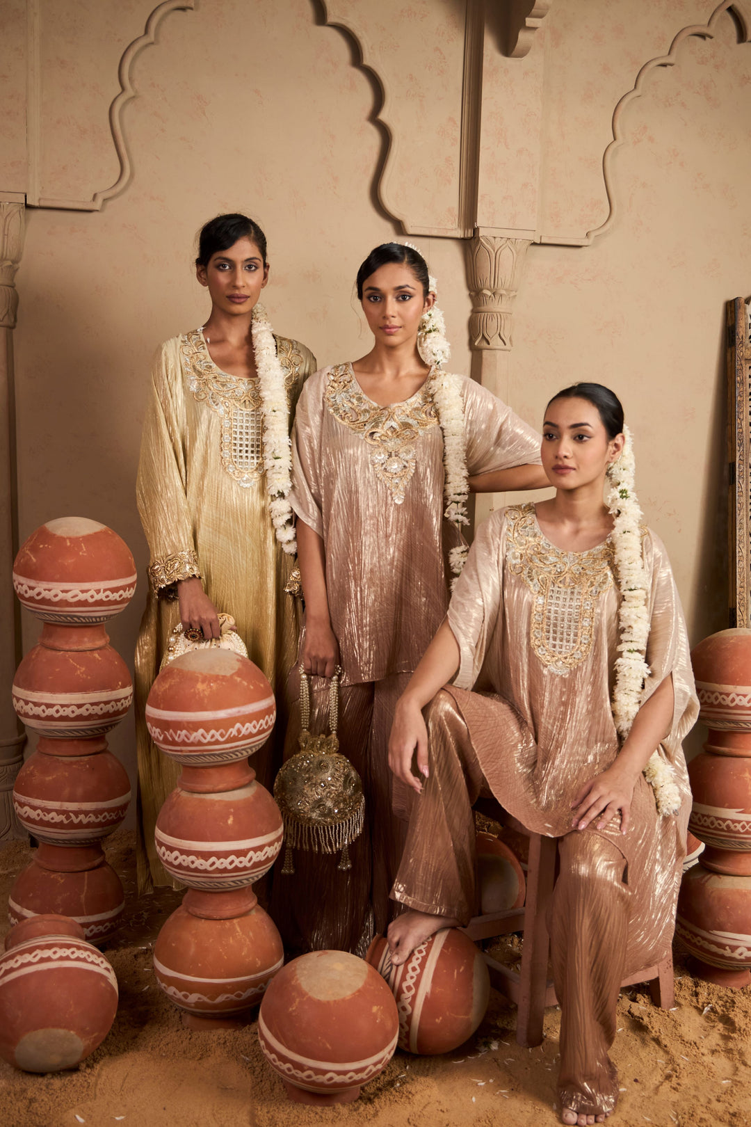 Tissue Embroidered Kaftan Set- Blush Silver