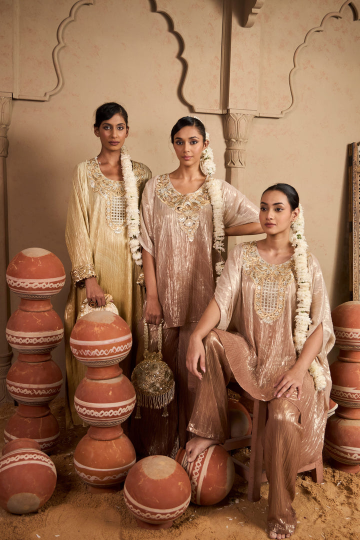 Tissue Embroidered Kaftan Set- Blush Silver