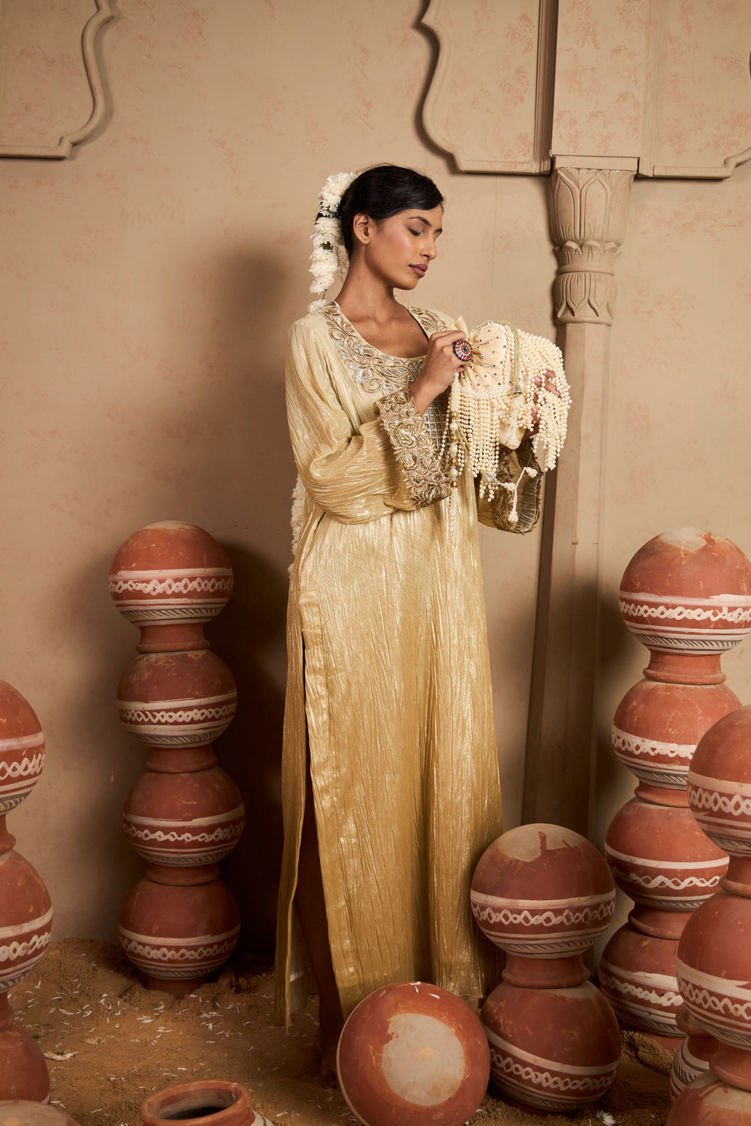 Tissue Embroidered Kaftan - Gold