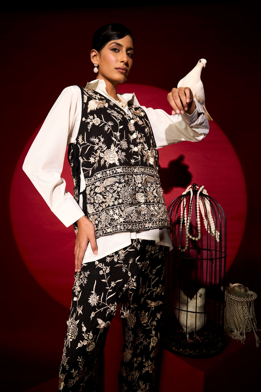 Reyna Gara Glazed Waist Coat With Coordinated Pants - Black