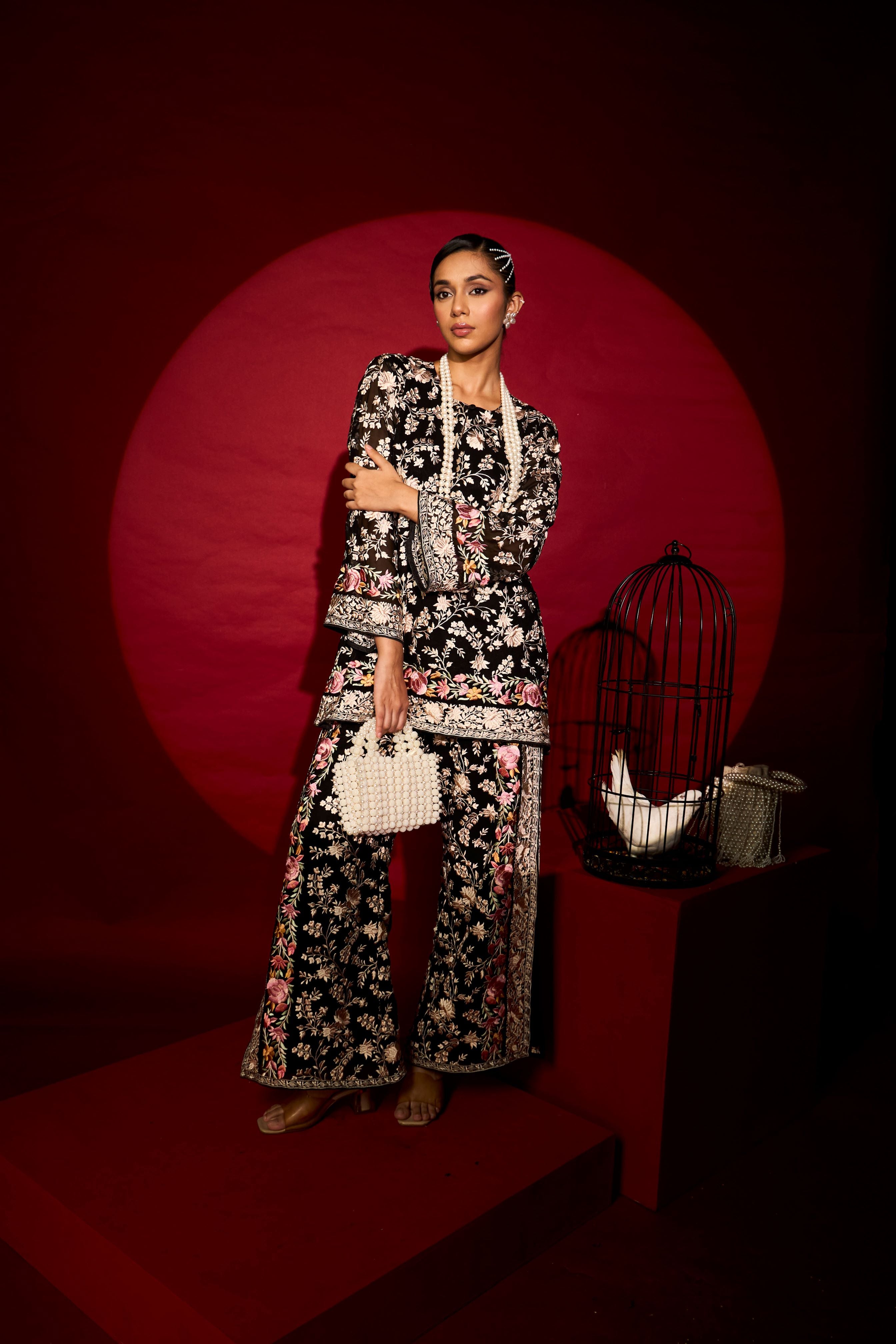 Reyna Gara Rose Dust Kurta with Slit Pant - Black