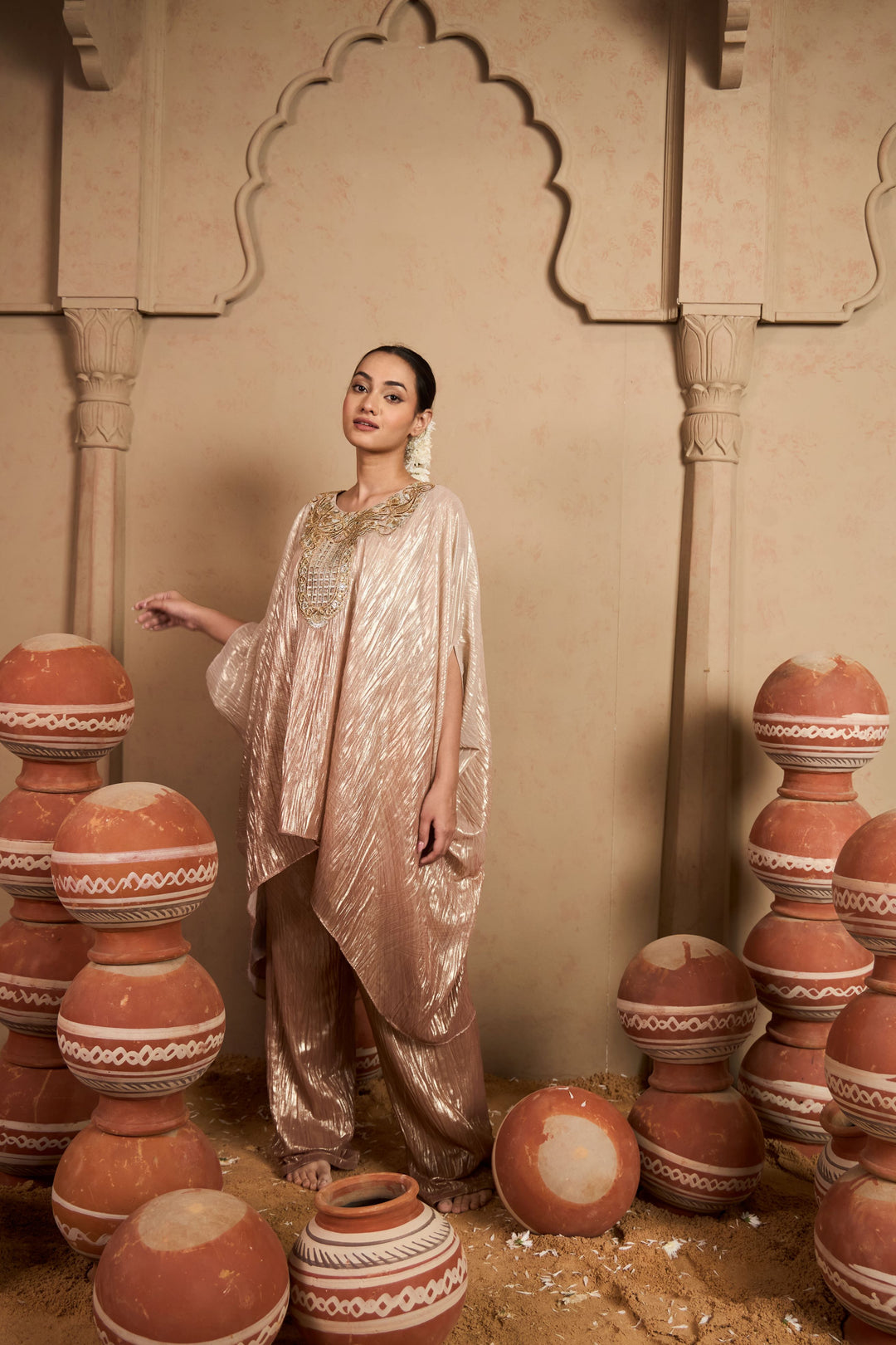 Tissue Embroidered Tunic Set- Blush Silver