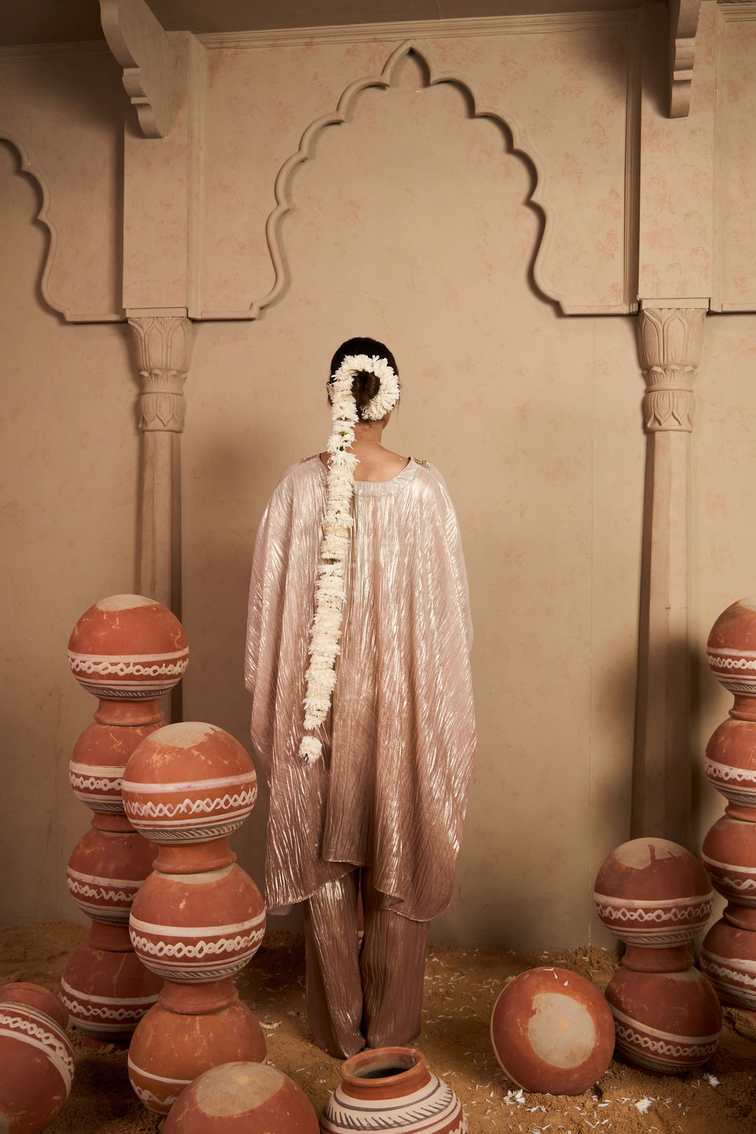 Tissue Embroidered Tunic Set- Blush Silver