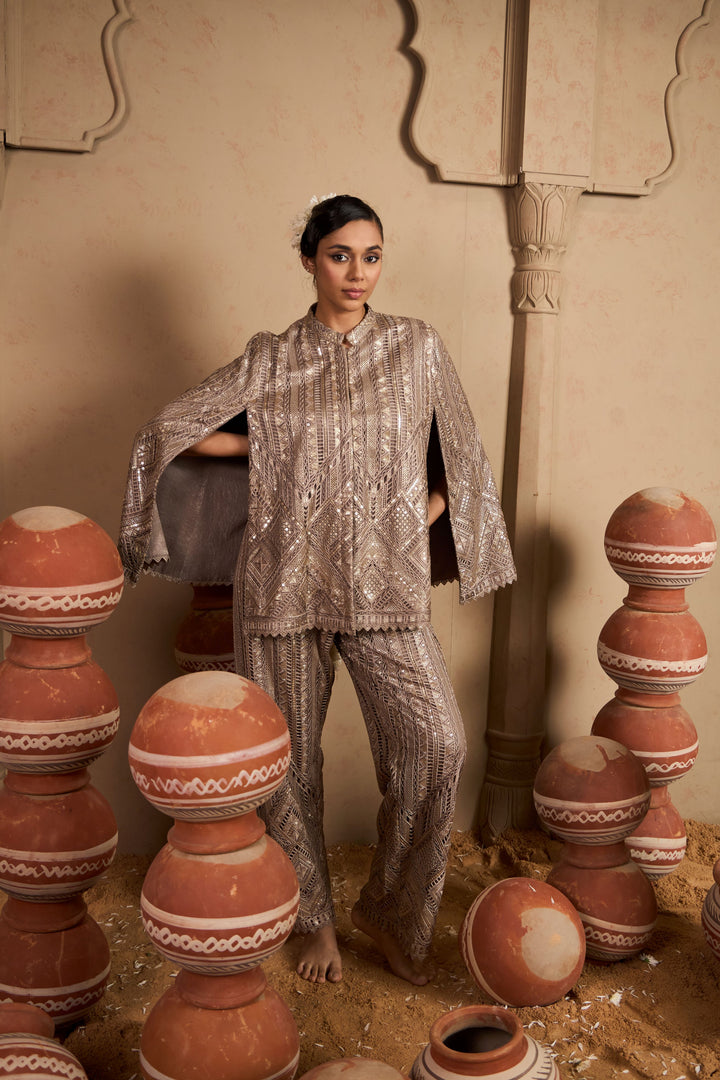 Seraphic Sequins Cape Jacket Set - Gold