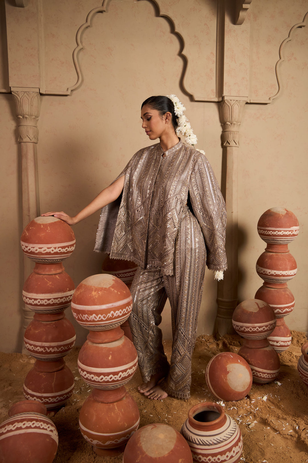 Seraphic Sequins Cape Jacket Set - Gold